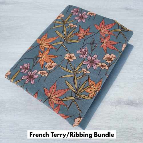 *2 PIECE BUNDLE DEAL* European Modal Blend French Terry Knit, Autumn Flowers Steel Teal & Steel Teal Ribbing