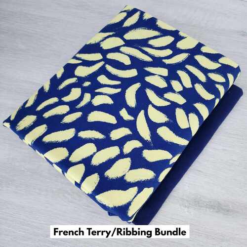 *2 PIECE BUNDLE DEAL* European Modal Blend Summer French Terry Knit, Strokes Lemon & Dark Blue Ribbing