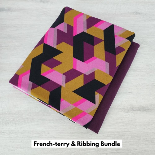 *2 PIECE BUNDLE DEAL* European Knit, Oeko-Tex French Terry, Geometric Camouflage Light Berry & Plum Ribbing