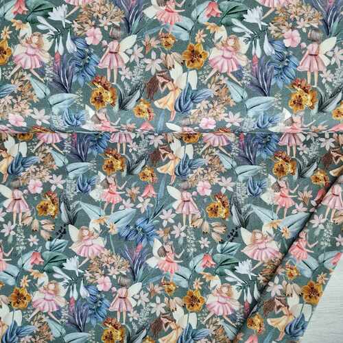 European Cotton Elastane Jersey, GOTS Organic, Garden Fairies Steel Teal