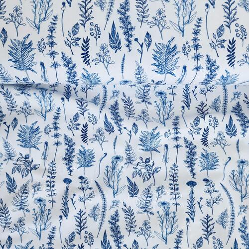 European Cotton Elastane Jersey, GOTS Organic, Sketched Flora Blue