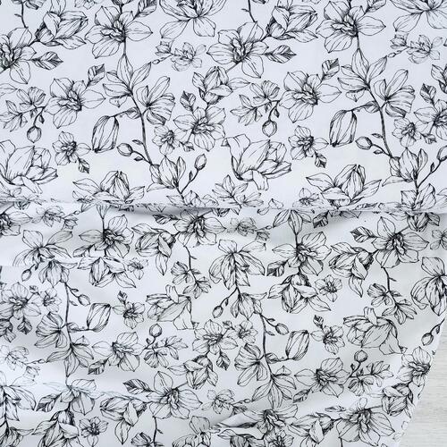 European Cotton Elastane Jersey, GOTS Organic, Sketched Flora Black