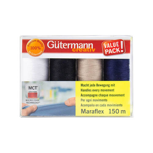 Gutermann, Maraflex Elastic Thread Set 150m x 4, White, Black, Beige & Navy