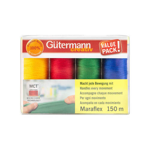 Gutermann, Maraflex Elastic Thread Brights Set 150m x 4, Yellow, Red, Green & Blue