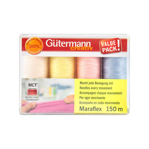 Gutermann, Maraflex Elastic Thread Pastel Set 150m x 4, Cream, Yellow, Pink & Blue