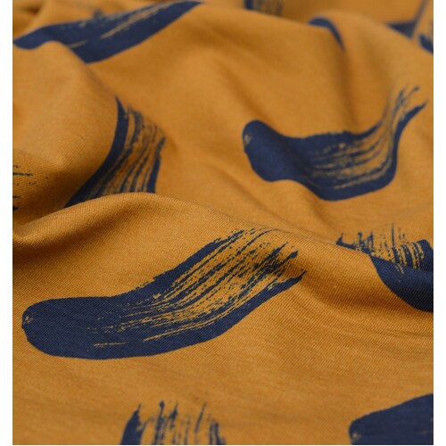 *REMNANT 123cm* European Modal Blend French Terry Knit, Brush Strokes Golden Ochre/Navy