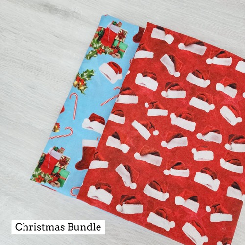 *2 PIECE XMAS BUNDLE* KK Fabrics, Christmas in Oz, Santa Claus Hats Allover Red & New Year Allover Blue