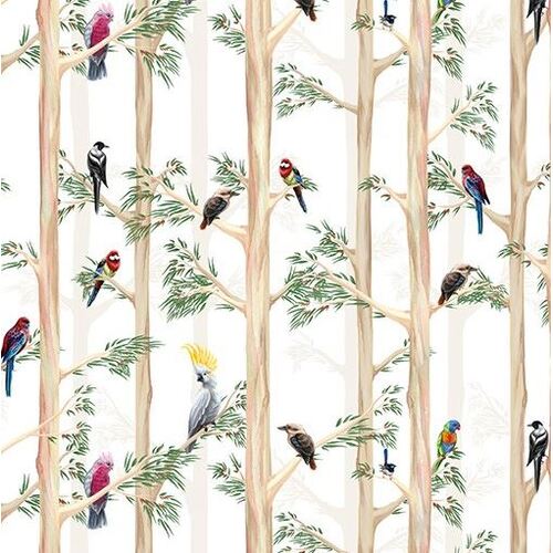 *REMNANT 142cm* KK Fabrics, Birds Of The Bush, Birds Among the Blue Gums White