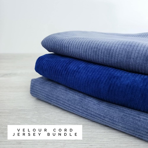 *3 PIECE REMNANT BUNDLE* European Stretch Velour Corduroy Jersey, Blue Grey & Lapis Blue