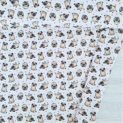 *REMNANT 50cm* European Woven Cotton, Oeko-Tex, Extra Wide, Pug Love White