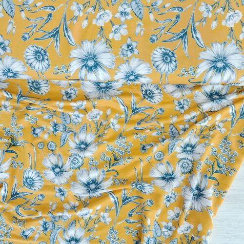 *REMNANT 165cm* European Viscose Jersey Knit, Flowers Yellow