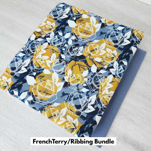 *2 PIECE BUNDLE DEAL* European Knit, Oeko-Tex French Terry, Geometric Roses Blue Grey & Blue Grey Ribbing
