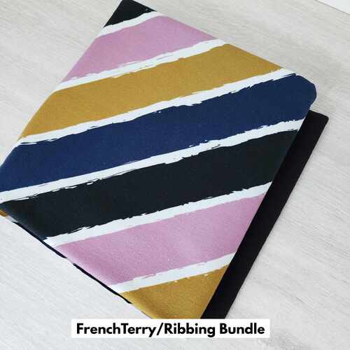 *BUNDLE 2 PIECE* European Knit, Oeko-Tex French Terry, Diagonally Stripes Moss/Blue/Lilac & Black Ribbing