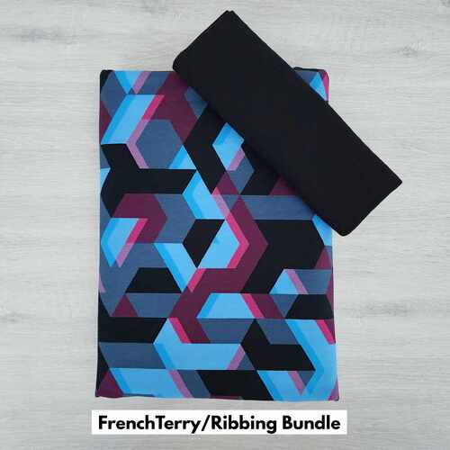 *2 PIECE BUNDLE DEAL* European Knit, Oeko-Tex French Terry, Geometric Camouflage Blue & Black Ribbing