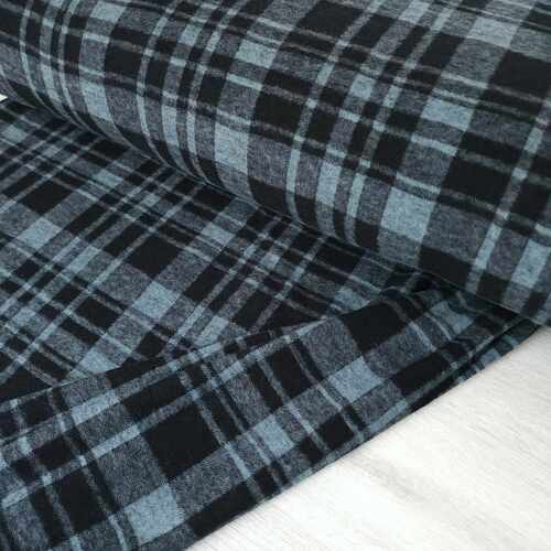 European Cosy Stretch Cotton Knit Flannel, Plaid Steel Teal